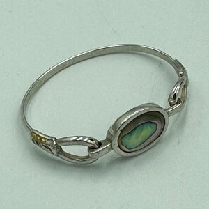 Avon Silver Tone Bangle Bracelet w/ Oval Mother of Pearl/Abalone Bezel Signed